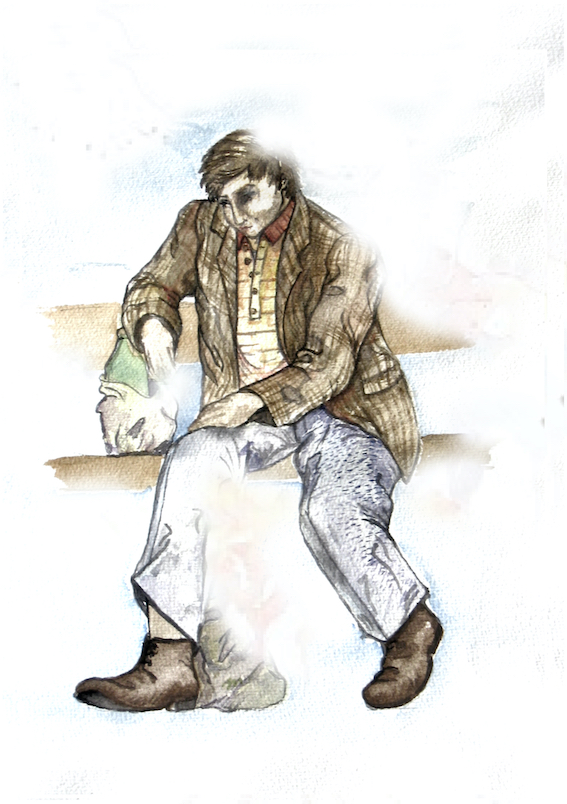 Kostümentwurf ein Wohnungsloser auf Parkbank