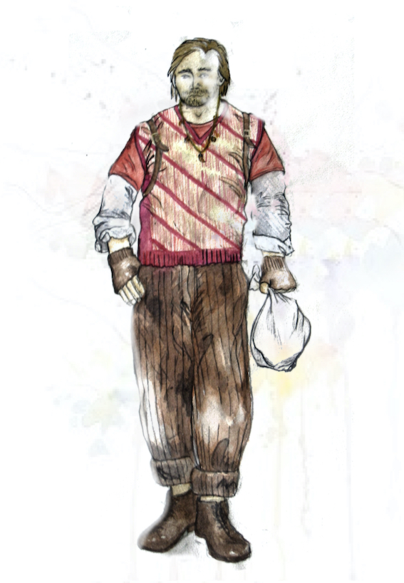 Kostümentwurf ein Obdachloser mit Gepäck