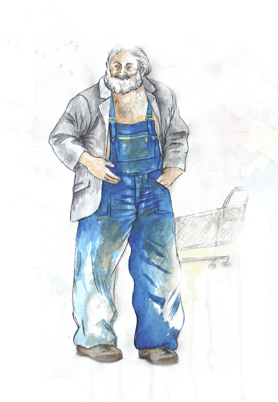 Kostümentwurf ein Obdachloser mit Einkaufswagen