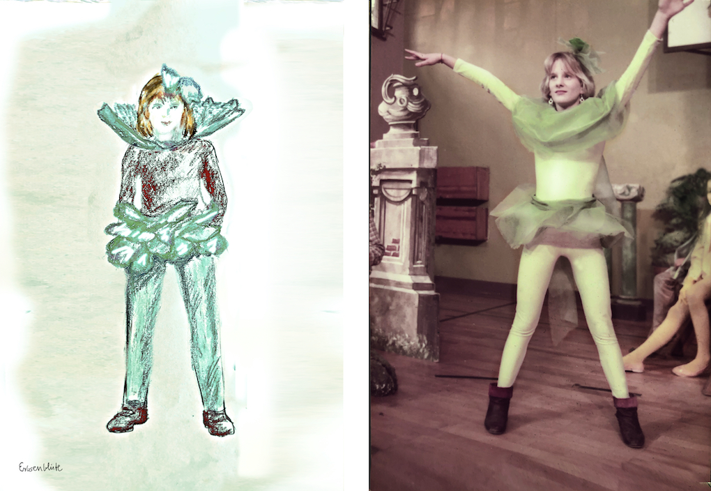 Figurine für Erbsblüte und Darstellerin Erbsblüte im Kostüm